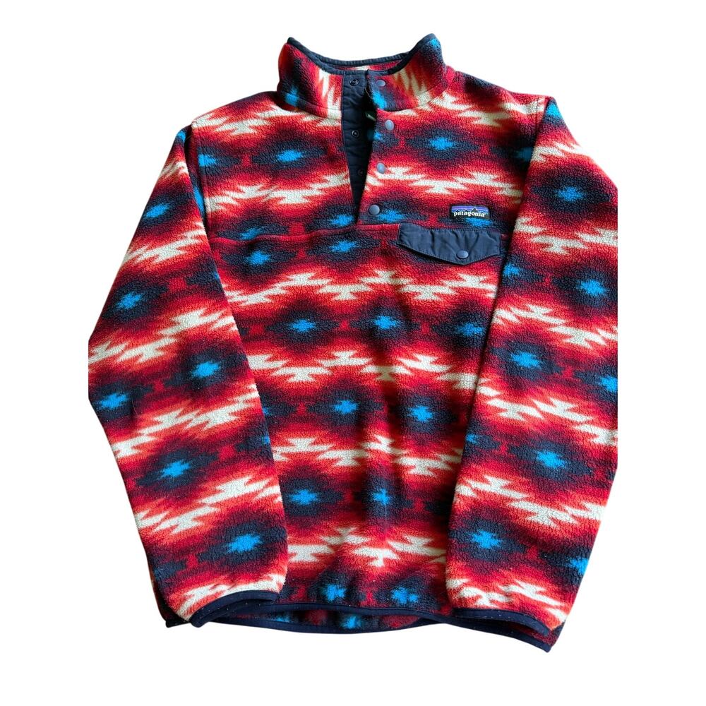Patagonia Synchilla Snap-T Fleece Pullover Aztec Print Red Blue Men's M
